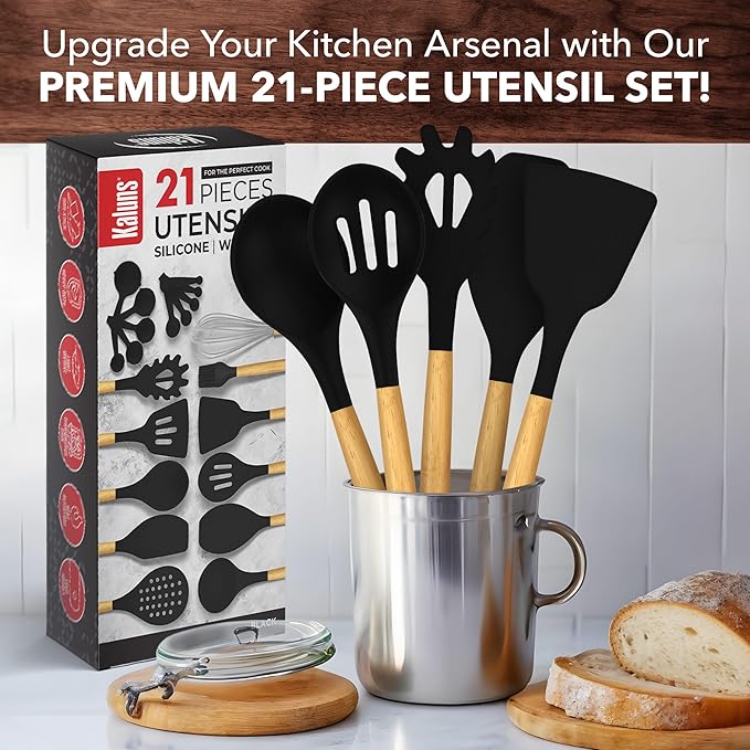 Kaluns Silicone Kitchen Utensils Set, Premium Non Stick Cooking Utensils Set - 21 Pcs Wooden Handle Silicone Spatula Set 446°F Heat Resistant - Kitchen Gadgets Home Essentials