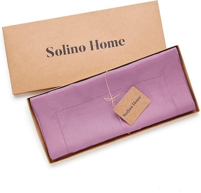 Solino Home Linen Violet Table Runner 90 Inches Long - 100% Pure Linen Hemstitch 14 x 90 Inch Table Runner for Dining, Valentines, Spring, Easter - Classic Hemstitch