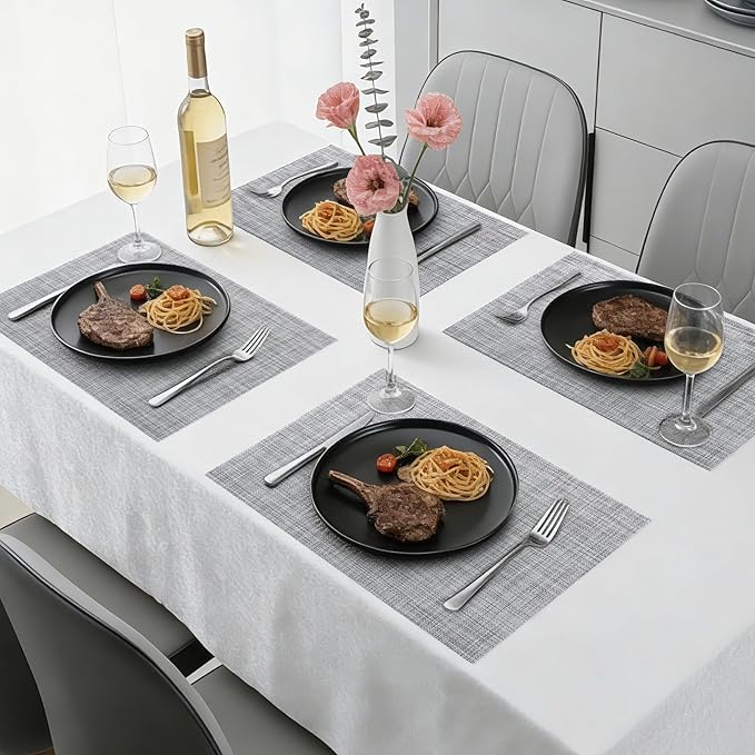 Timeet Placemats Set of 6, Heat Resistant Non-Slip Place Mats for Dining Table, Durable Washable PVC Vinyl Woven Table Mats, Linen Textured Placemats for Kitchen Resistant Easy to Clean(Gray