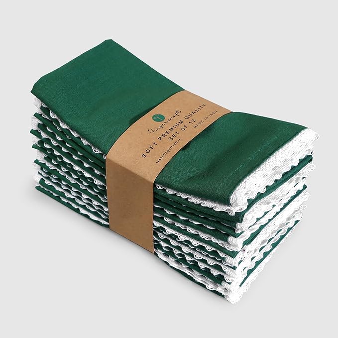 FINGERCRAFT Dinner Cloth Napkin Cotton Blend 12 Pack Vintage Rustic Premium Quality Mitered Corners Napkin Cloth with Elegant Lace for Everyday Use, Pre Shrunk and Good Absorbency 20x20 in Eden Green