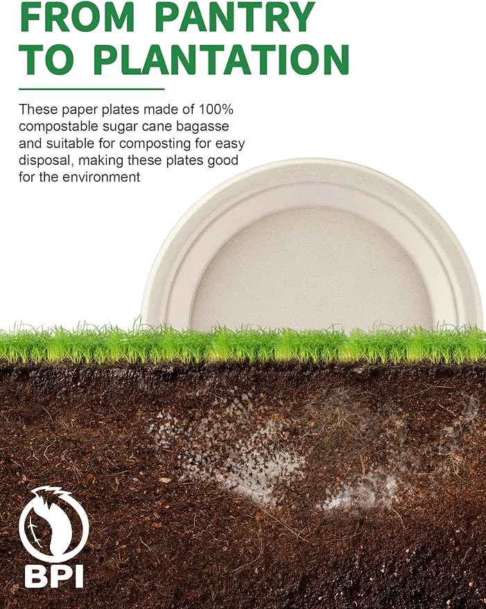 100% Compostable 9 Inch Paper Plates [150-Pack] - Heavy Duty Disposable Dinner Plates Made of Natural Bagasse, Biodegradable & Eco-Friendly for Parties, Wedding, Catering