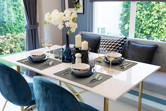 More Décor Faux Leather Placemats Set of 6 for Dining Table – Waterproof, Wipeable, Washable, Stain & Heat Resistant, Non-Slip Table Mats – 12 X 17 Inch, (Solid Dark Grey, 6)