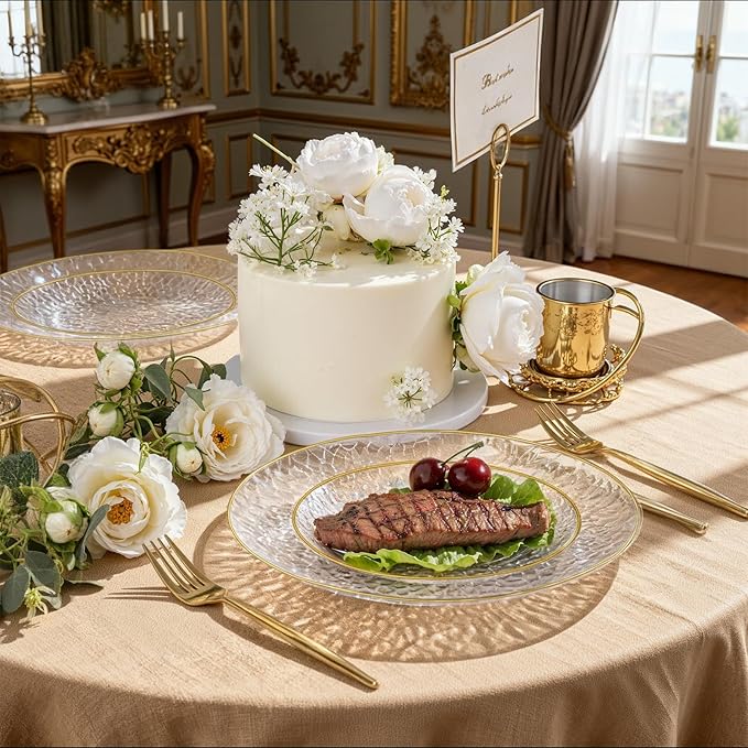 Rubtlamp 150Pcs Plastic Plates, Heavy Duty Clear Plates With Gold Rim, Hammered Gold Dinnerware Set Include 30 Dinner Plate, 30 Dessert Plate, 90 Plastic Silverware