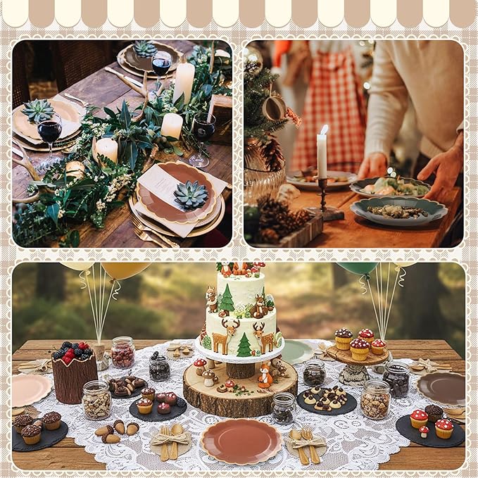 48 Pcs Woodland Green and Brown Paper Plates 9 Inch Gradient Scalloped Paper Disposable Dinner Dessert Plates for Birthday Wedding Bridal Party Supplies, 6 Colors