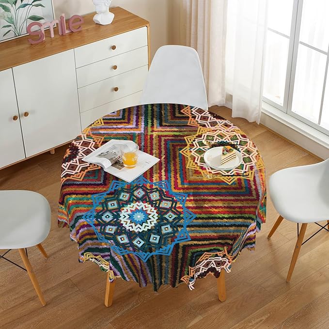 Laeacco 36 Inch Colorful Patchwork Round Tablecloth Woven Flowers Geometric Abstract Art Print Table Cloth Washable Waterproof Wrinkle Free Table Cover for Kitchen Dining Picnic Party Decoration