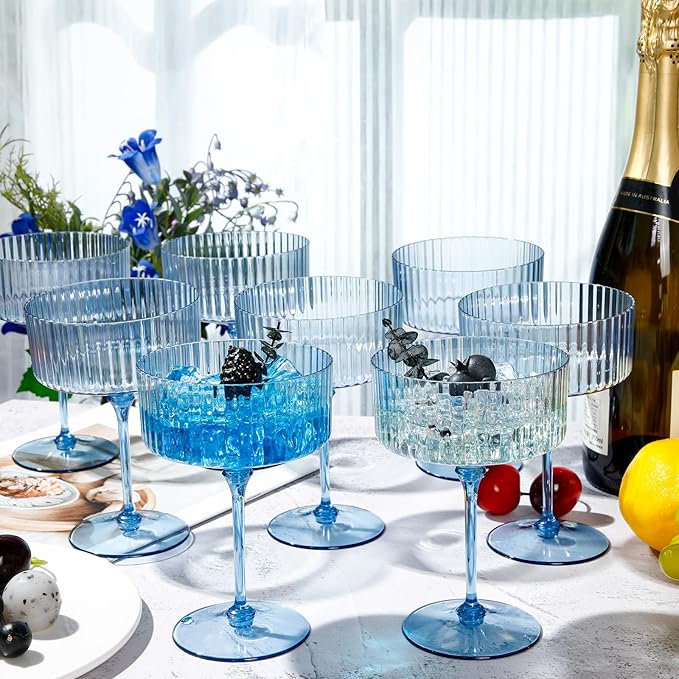 48 Pcs Ribbed Martini Glasses 10 oz Disposable Plastic Vintage Ribbed Coupe Glasses Unbreakable Dessert Parfait Glassware for Wedding Birthday Party Supplies (Blue)
