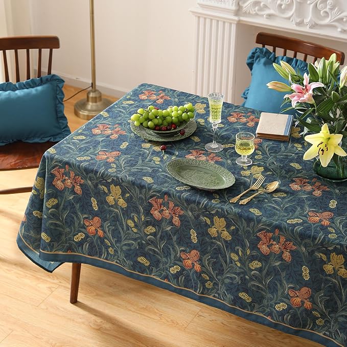 patdrea Designer Vintage Dark Blue Linen Rectangle Tablecloth,French Rustic Floral Pattern Tablecloths,Decorative Table Cover Cloth for Kitchen,Dining,Tea Party,Home,Christmas,55"*79"