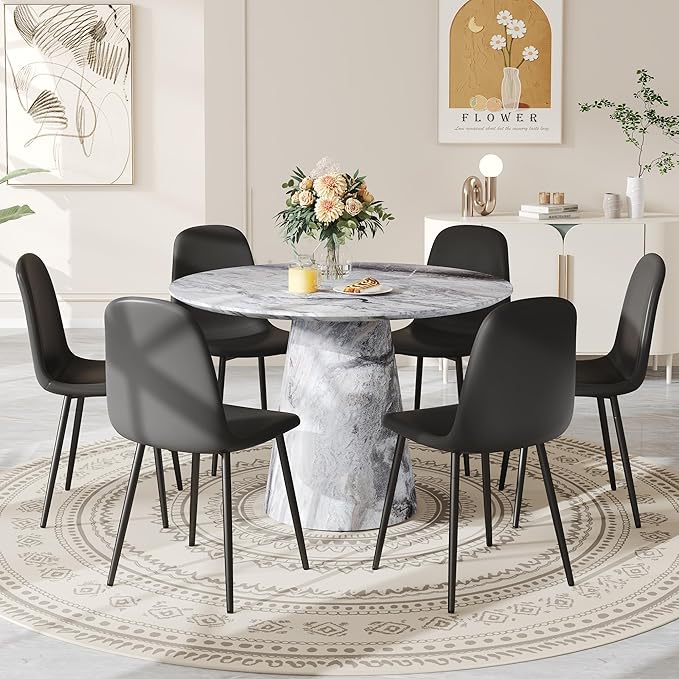 Round Dining Table Set for 6, 45" Modern Faux Marble Kitchen Table and Upholstered Chairs, 7 Piece Circle Dinner Set for Dining Room, Kitchen (Marble Gray Set)