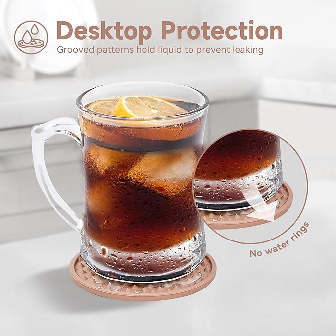 Coasters for Drinks, Silicone Coasters Set of 12 with Metal Holder, Outdoor Coaster for Coffee Table, Non-Slip Rubber Table Cup Mat Desk, Heat Resistant & Scratch-Proof (Dusty Pink)