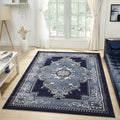 Modern 2x7 Navy Traditional Living Room Rug - Area Rugs for Living Room, Dining & Bedroom - Hand Carved Runner Carpet - Durable Polyester - Non-Fade, Stain-Resistant - Turkish Made