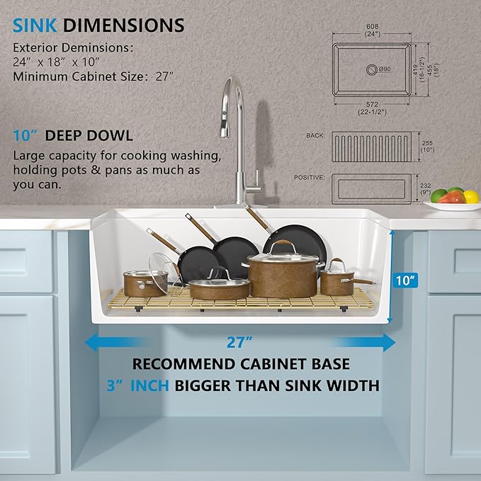 24"x18" White Farmhouse Sink – Reversible Apron Front, High-Gloss Porcelain Ceramic Fireclay Single Bowl Small Kitchen & Bar Farm Sink Basin
