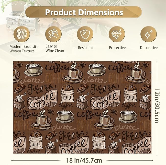Retro Coffee Cup Placemats Set of 6 Linen Washable, Heat-Resistant 12x18 InchTable Place Mats for Kitchen Dining for Home Party Holidays