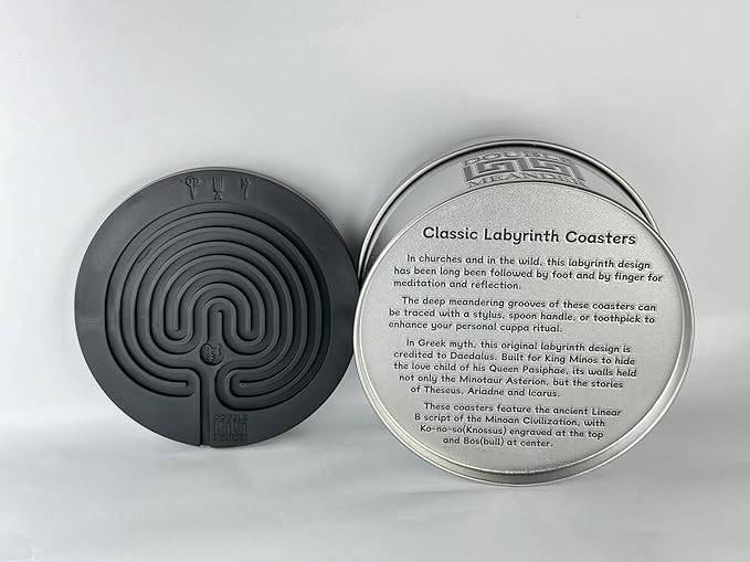 Classic Labyrinth Black Silicone Coasters - Set of 8 Non-Slip, Heat-Resistant Drink Coasters for Coffee, Tea, and Glasses - Durable, Easy to Clean, Decorative Tabletop Protection