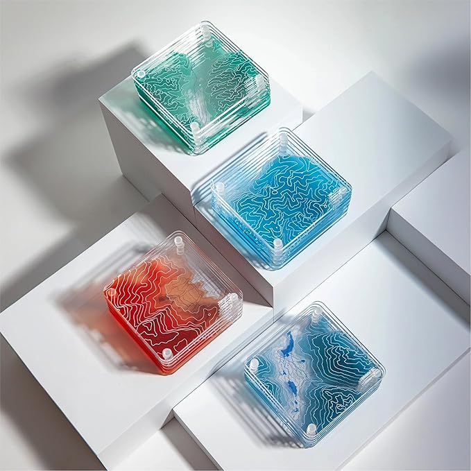 Killington, VT 3D Contour Map Glass Drink Coasters of Mountains, Ski Resort, Set of 6 with Holder, Housewarming Birthday Gifts, Home Décor