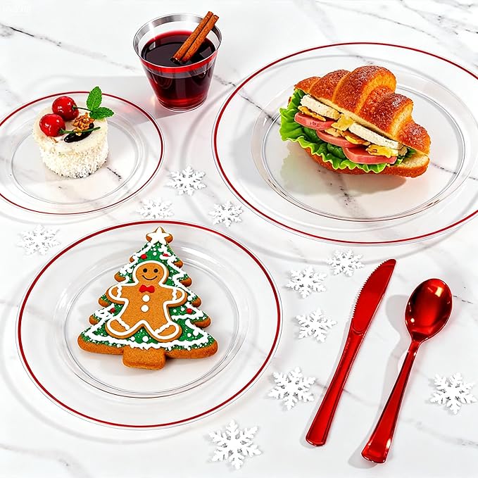 SUT 175 Pcs Red and Clear Plastic Dinnerware Set for 25 Guests, Include: 25 Dinner Plates, 25 Dessert Plates, 25 Pre Rolled Napkins With Silverware, 25 Cups, Disposable Plates for Party