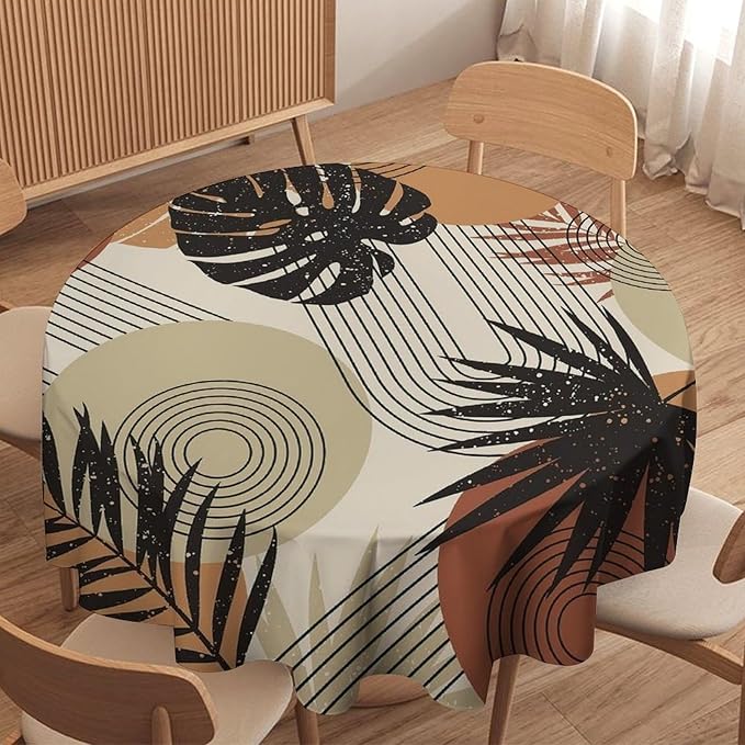 Boho Medieval Abstract Leaves Round Tablecloth, Mid Century Modern Bohemian Style Print Tablecloth for Home Party Dining Room Kitchen Decor 60Inch(152cm)