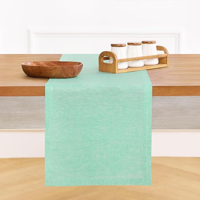 Solino Home Linen Table Runner 36 Inches - 100% Pure Linen Chambray Aqua Table Runner 14 x 36 Inch Ideal for Dresser and Coffee Tables - Athena, Winter, Spring, Easter