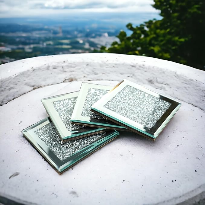 Crushed Diamond Crystal Glass Mirrored Square Coasters Set of 4 Glittering Bling Silver TRENDZY ® Drink Wine Coasters for Home Kitchen Bar & Restaurant Home Decor Birthday Wedding (Square)