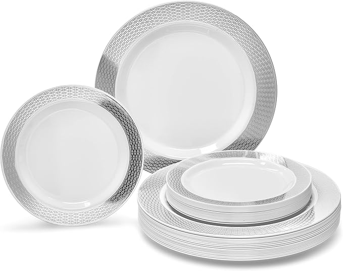 OCCASIONS 240 Plates Pack,(120 Guests) Heavyweight Premium Wedding Party Disposable Plastic Plates Set -120 x 10.5'' Dinner + 120 x 7.5'' Salad/Dessert (Diamond White & Silver)