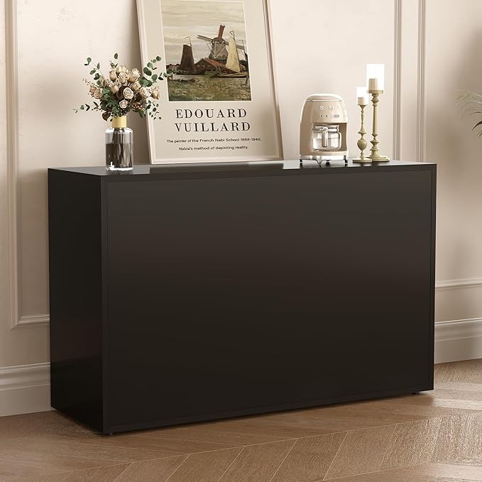 47.24" Solid Wood Storage Cabinet Organizer with Glass Doors & Drawers, Black Sideboard Buffet Cabinet for Living Room, Dining Room, Entryway, Kitchen & Home Office