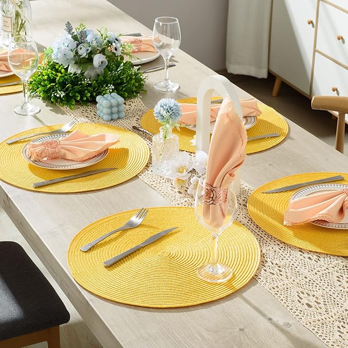 AHHFSMEI Round Braided Placemats 15 Inch Round Table Mats for Dining Tables Natural Woven Heat Resistant Place mats Set of 6 (Yellow)