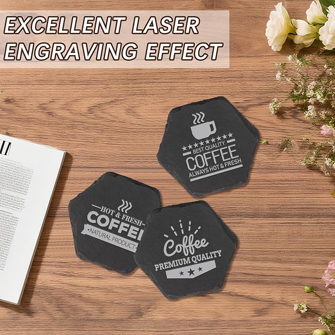 24PCS Slate Rock Coasters Black Bulk Blank Laser Engraved Hand Painted Beverage Coasters, Non-Slip Bottom Mat, Home Office Kitchen Gift Wedding Bar Party