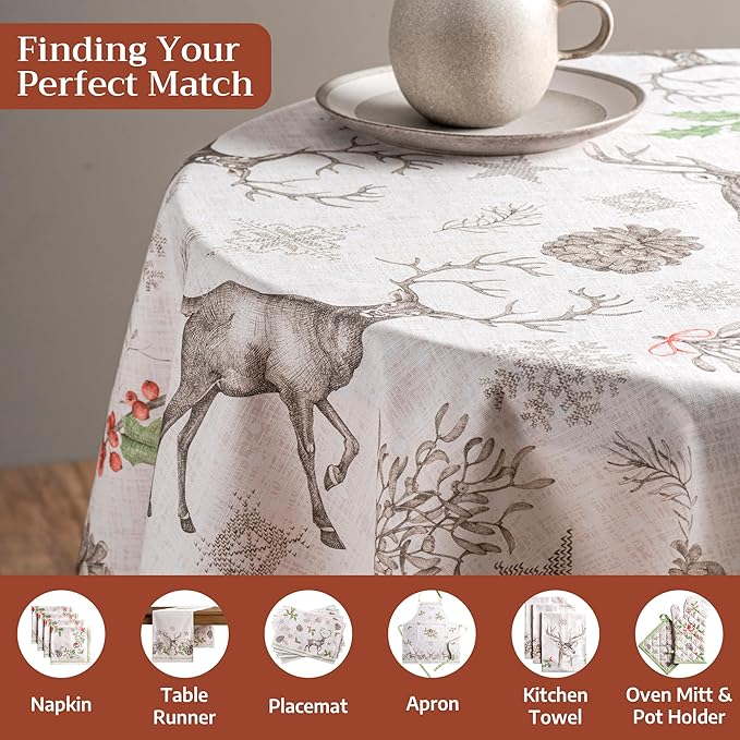 Maison d' Hermine Table Cloth Round Table 100% Cotton 63 Inches Fall Tablecloth Reusable Everyday Use for Thanksgiving Christmas Decorations Dining Farmhouse Party (Christmas Dew)