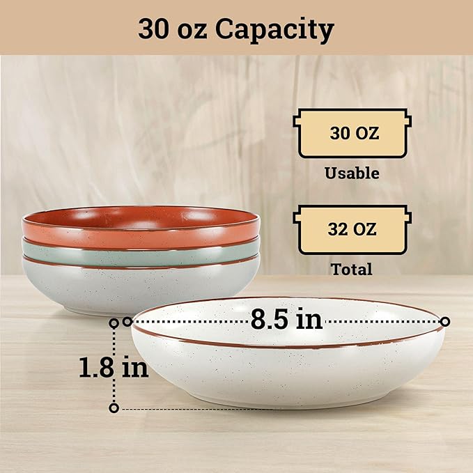 Pasta Bowls Set of 4 - Large 30 oz Bowls - Stylish Ceramic Plates - Safe for Oven, Microwave & Dishwasher - Salad Bowl Set of 4 - Pasta Bowl Plates - Deep Plate with Lid Edge - Blates Dinnerware