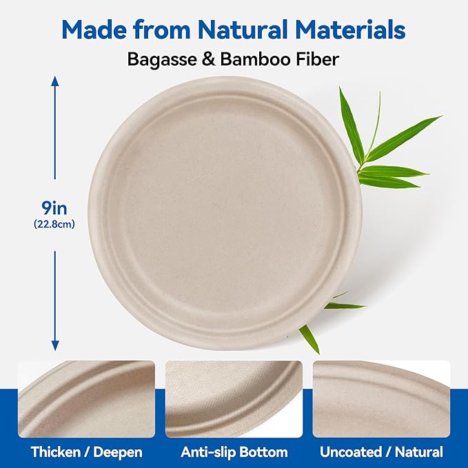 9 Inch Heavy Duty Paper Plates 125 Pack – Sturdy Disposable Plates, Compostable Biodegradable Sugarcane & Bamboo Fiber, Natural Paper Plate for Dinner Camping Everyday Use
