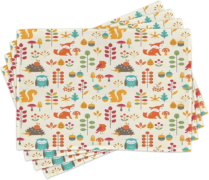 Ambesonne Cartoon Place Mats Set of 4, Autumn Pattern Owl Fox Squirrel Birds Animal Leaves Print, Washable Fabric Placemats for Dining Table, Standard Size, Cream Orange