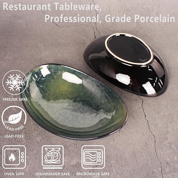Ceramic Serving Platters Set of 4, 9.6 Inch Curved Oval Deep Salad Plates for Entertaining, Modern Kitchen Dishes, Trays for Dinner, Fruit, Salad, Pasta, burgers - Dishwasher Microwave Safe