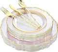 Liacere 150PCS Clear Gold Plastic Plates - Disposable Plastic Silverware with Glitter Bamboo Handle Cutlery-Baroque Clear Gold Disposable Plates for Wedding & Party & Thanksgiving &Fall Decor