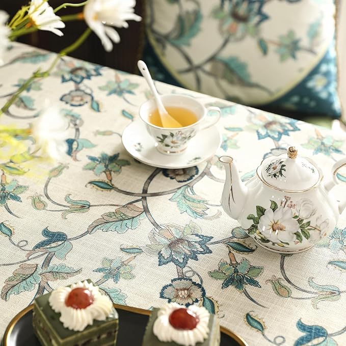 patdrea Designer Green Small Linen Table Cloth for Rectangle Table,Vintage Floral Pattern Durable Tablecloth,French Cover Decor for Kitchen Dining,Christmas,Thanksgiving,Tea Party,55"x71"-Noah