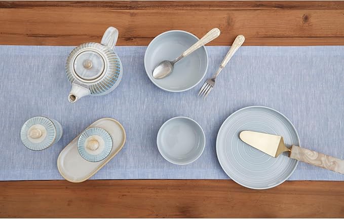Solino Home Linen Table Runner 144 Inches Long - Athena, 100% Pure Linen Chambray Blue 14 x 144 Inch Table Runner for Dining, Spring, Easter
