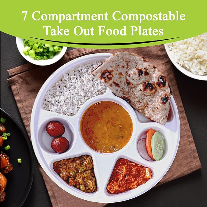 three leaf 7 COMPARTMENT BAGASSE ROUND PLATE, 100 Ct. Heavy-Duty- Super Strong- Natural- Eco-Friendly Disposable Bagasse Plates, 100% Biodegradable 7 compartment plates