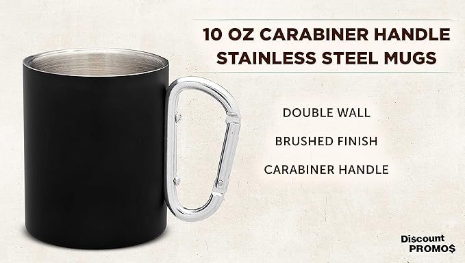 DISCOUNT PROMOS Stainless Steel Mugs with Carabiner Handle 10 oz. Set of 10, Bulk Pack - Perfect for Coffee, Soda, Other Hot & Cold Beverages - Black