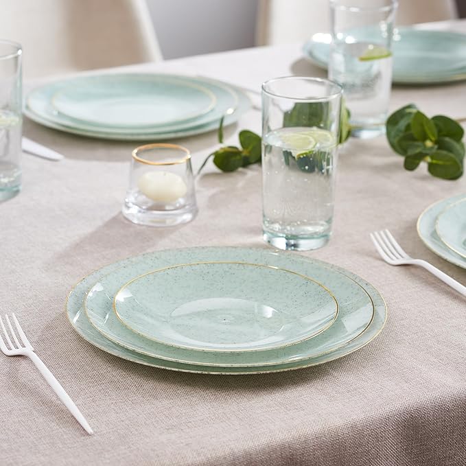 PLASTICPRO 30 Pack Disposable Plastic Plates Heavyweight Granite Look Elegant 7 inch Dinner Plates Green with Gold Rim