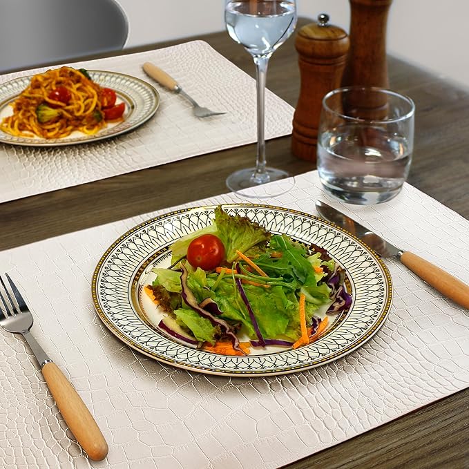 Jovono Faux Leather Placemats Set of 8, Waterproof & Heat Resistant Dinner Place Mats for Dining Table, Non-Slip Crocodile Embossed, White (17.8x11.8 Inch)