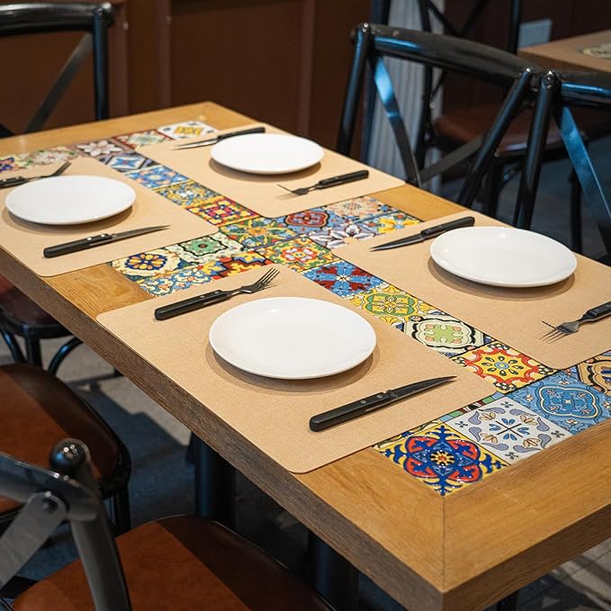 Heat Resistant Placemats Set of 6, 17x12in Waterproof Wipeable Faux Leather Non Slip Table Mats, Easy to Clean, Stain Resistant, for Kitchen Dining Room-– Warm Tan