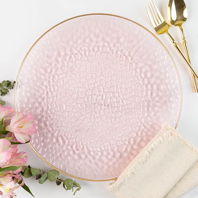 PARTY BARGAINS 13-Inch Charger Plates - 48 Pack, Hammered Pink Gold Rim, Heavy-Duty Disposable Chargers for Elegant Dining - Ideal for Weddings and Formal Events