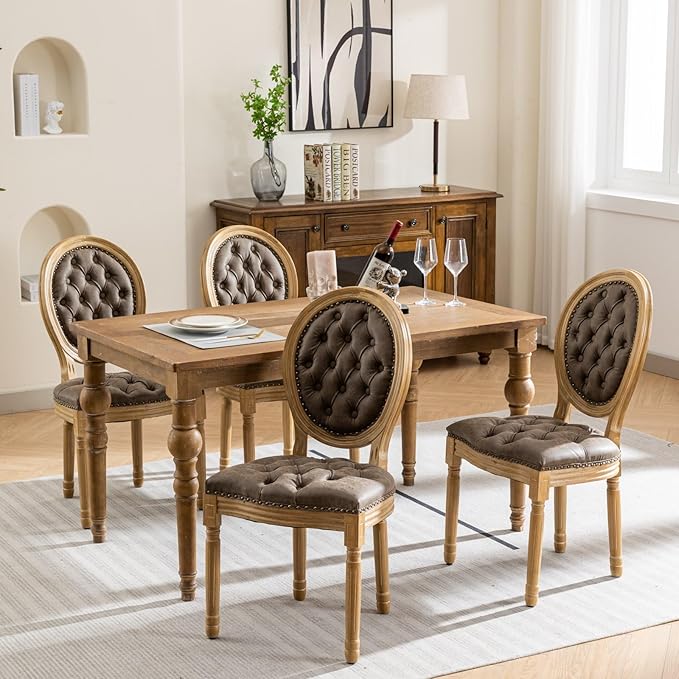 Vintage French Dining Chairs Set of 2, Round Back PU Leather Upholstered Accent Chairs with Nailhead Trim and Solid Wood Frame, Farmhouse Sillas de Comedor for Dining Room & Kitchen, Distressed Brown