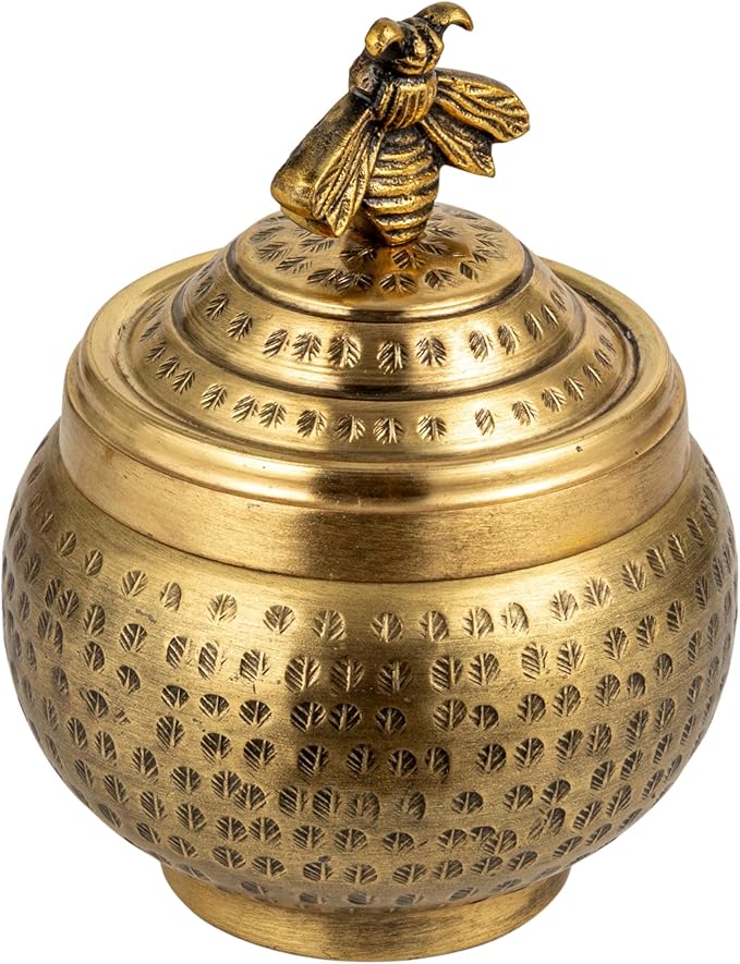 Round Hammered Metal Container with Bee Finial, Brass Finish