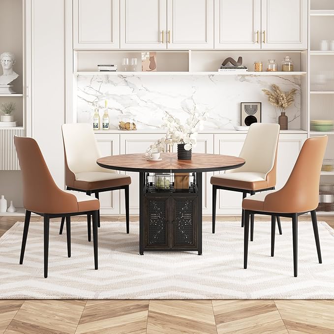 47" Round Dining Table Set for 4-6 People, Large Farmhouse Kitchen Dining Table Set with Chairs and Storage Rack, Metal Base Round Table for Home Dining Room Living Room (Cat table and 4 brown chairs)