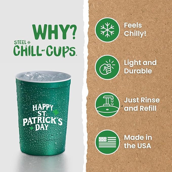 16 oz. Party Cups 'St. Patrick's Day' Clover Design for Cold Drinks, Durable, Disposable, Recyclable, Made in USA, Green, 12 Count