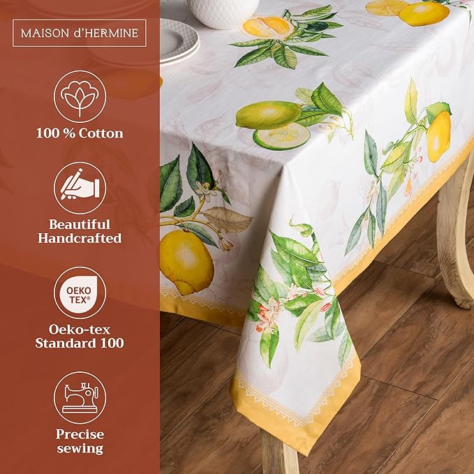 Maison d' Hermine Table Cloth Rectangle Table 100% Cotton 70 x 90 Inches Tablecloth Reusable Decorative for Dining Room Farmhouse Home Valentines Day Decorations Spring Summer - Limoncello