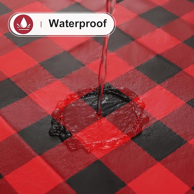 misaya Rectangle Waterproof Vinyl Table Cloth, Buffalo Flannel Backed Tablecloth, Wipeable Plastic Table Cover for Christmas (52" x 70", Red and Black)
