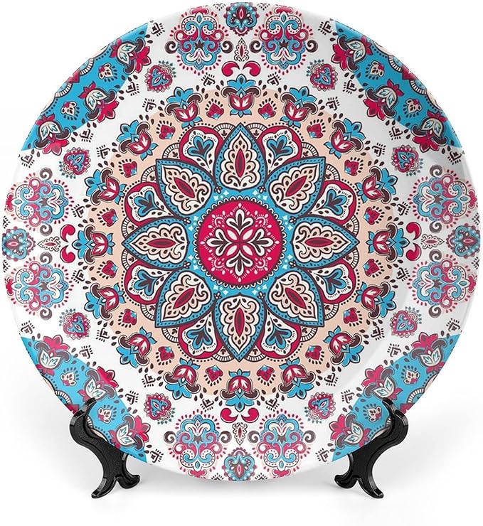 XISUNYA 7 Inch Decorative Plate, Boho Tableware Plate, Henna Style Floral Circles Paisley Retro Kaleidoscope Print Ceramic Wall Hanging for Home Office Party Dinner Table Decor