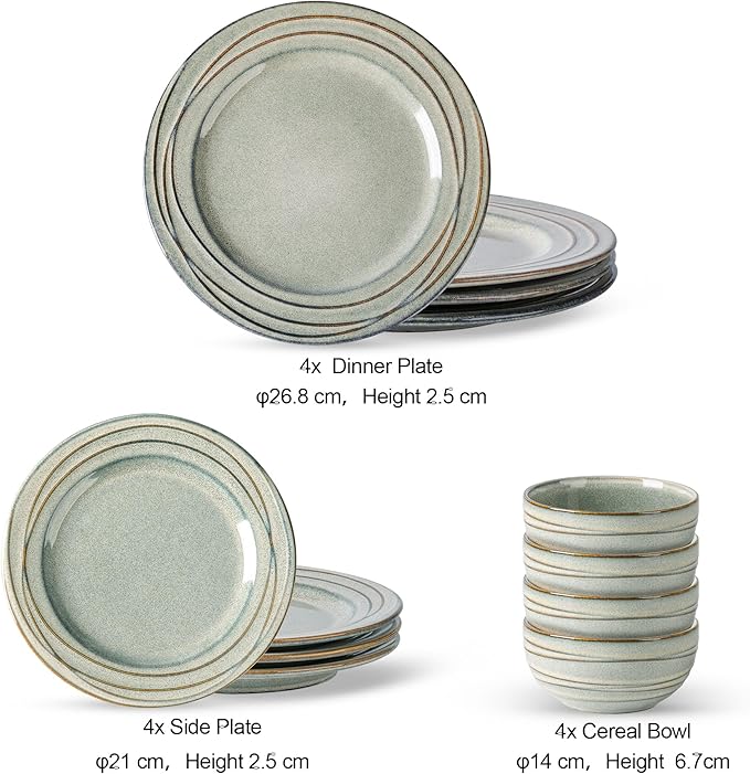 GBHOME Ceramic Dinnerware Sets,12 pcs Embossed Elegant Stoneware Plates and Bowls Sets, Housewarming Wedding Gift | Dishwasher & Microwave Safe | Dishes Set Service for 4,Desert Sage
