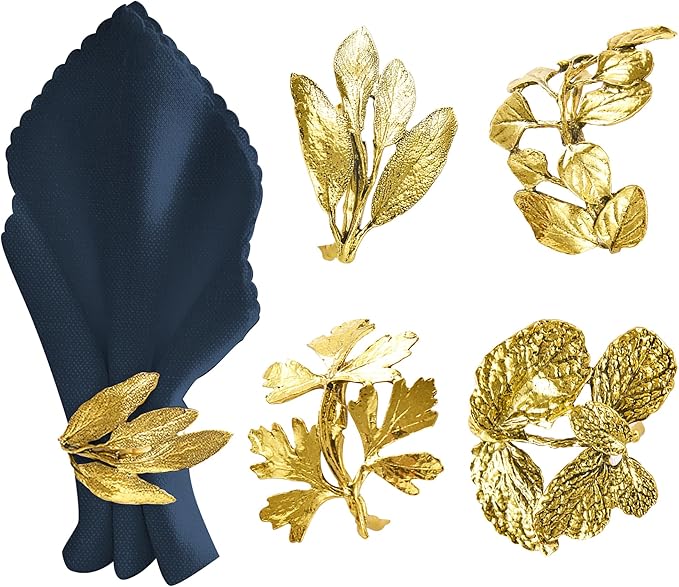 Decozen Set of 4 Gold Napkin Rings in Leaf Design, Festive, Table Decor Setting for Holiday, Wedding, Birthday, Kitchen, Home Decor, Housewarming Gift - Mothers Day Decorations