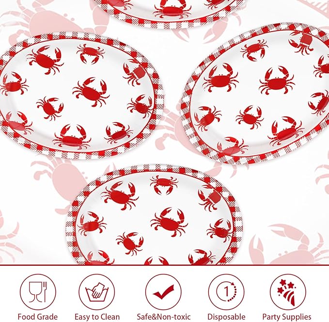 Grencian 50Pcs Crab Boil Oval Paper Plates 10"×12" Large Red Gingham Crab Party Plates Disposable Heavy Duty Summer Seafood Boil Party Supplies for BBQ Picnic Cookout Gathering Carnival Birthday Decor